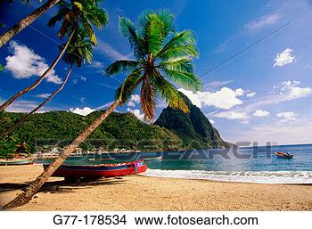 Stock Photo - boats on the beach 
and petit piton 
mountain in background 
st lucia. fotosearch 
- search stock 
photos, pictures, 
images, and photo 
clipart