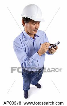 Stock Photo - mature man wearing 
construction hat, 
using pda. fotosearch 
- search stock 
photos, pictures, 
images, and photo 
clipart