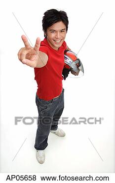 Stock Photo - young man with 
motorcycle helmet, 
making peace sign. 
fotosearch - search 
stock photos, 
pictures, images, 
and photo clipart