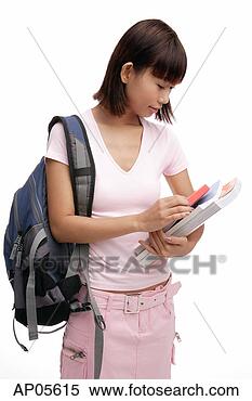 Stock Image - young woman with 
backpack and books. 
fotosearch - search 
stock photos, 
pictures, images, 
and photo clipart