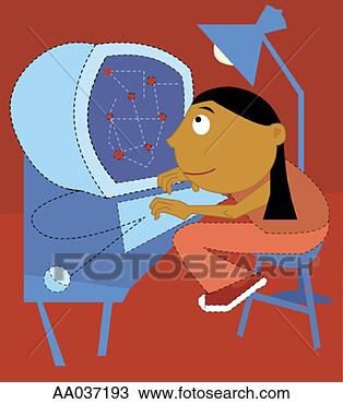 Drawing - girl using computer. 
fotosearch - search 
clipart, illustration, 
drawings and vector 
eps graphics images