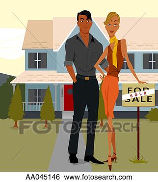 Stock Illustration - couple in front 
of house, near 
for sale sign. 
fotosearch - search 
clipart, illustration, 
drawings and vector 
eps graphics images