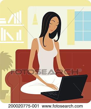 Clipart - young woman working 
on laptop computer 
on couch in living 
room. fotosearch 
- search clipart, 
illustration, 
drawings and vector 
eps graphics images