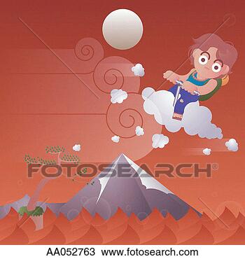 Drawing - girl riding cloud 
over mountain. 
fotosearch - search 
clipart, illustration, 
drawings and vector 
eps graphics images