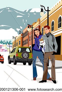 Clipart - young couple carrying 
dog, walking in 
snow in mountain 
town. fotosearch 
- search clipart, 
illustration, 
drawings and vector 
eps graphics images
