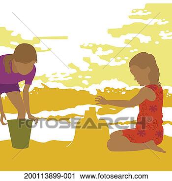 Clipart - two girls (8-10) 
building sandcastle 
on beach. fotosearch 
- search clipart, 
illustration, 
drawings and vector 
eps graphics images