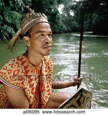 亚, Sarawak, Iban, 战士, 在中, 传统的服装 ai05