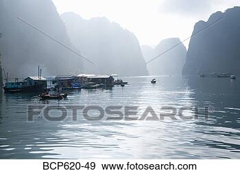 Stock Photograph - floating vietnamese 
fishing village 
with rocky coastline. 
fotosearch - search 
stock photos, 
pictures, images, 
and photo clipart