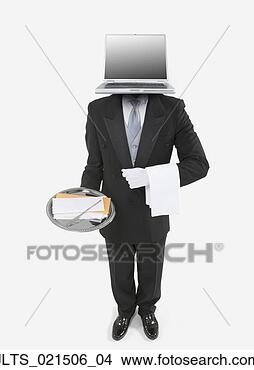 Stock Photo - butler with a 
laptop for a head 
holding a silver 
tray with mail. 
fotosearch - search 
stock photos, 
pictures, images, 
and photo clipart