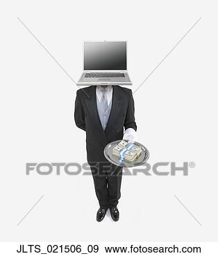 Stock Photograph - butler with a 
laptop for a head 
holding a silver 
tray with bundles 
of. fotosearch 
- search stock 
photos, pictures, 
images, and photo 
clipart