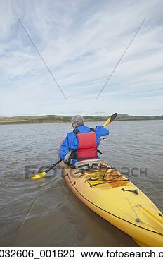 Stock Photography - rear view of person 
rowing a kayak 
in still water, 
 california. fotosearch 
- search stock 
photos, pictures, 
images, and photo 
clipart