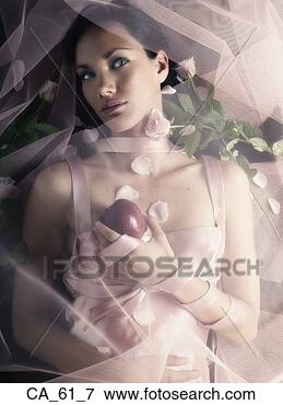 Picture - woman laying under 
veil with apple 
and flowers. fotosearch 
- search stock 
photos, pictures, 
images, and photo 
clipart