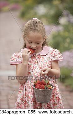 Stock Image - young girl eating 
strawberry from 
pail outdoors. 
fotosearch - search 
stock photos, 
pictures, images, 
and photo clipart