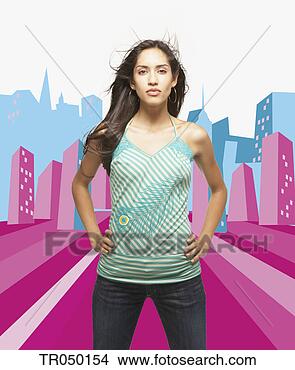 Stock Photo - woman posing for 
the camera against 
city background. 
fotosearch - search 
stock photos, 
pictures, images, 
and photo clipart