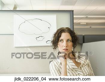 Stock Photo - businesswoman 
thinking in front 
of dry erase board 
with empty thought. 
fotosearch - search 
stock photos, 
pictures, images, 
and photo clipart