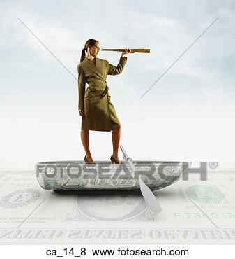 Stock Photo - businesswoman 
standing on boat 
made of us dollar 
and looking through. 
fotosearch - search 
stock photos, 
pictures, images, 
and photo clipart