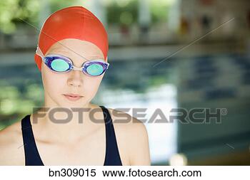 Banco de Imagem - menina,  nadador, 
 óculos proteção. 
fotosearch - busca 
de fotos, imagens 
e clipart