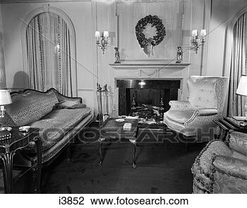 Banco de Imagem - vivendo,  sala, 
 sentando,  sala, 
 1940,  retro. 
fotosearch - busca 
de fotos, imagens 
e clipart