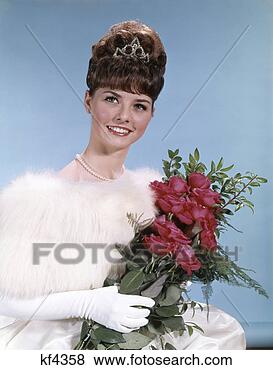 Stock Photo - 1960s young woman 
teen formal dress 
hold bouquet roses 
bee hive. fotosearch 
- search stock 
photos, pictures, 
images, and photo 
clipart
