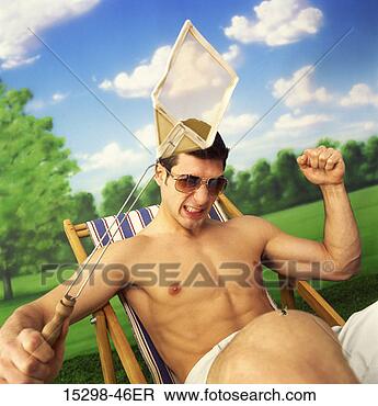 Stock Photo - shirtless young 
man swatting fly 
on his leg as 
he sits in lawn 
chair. fotosearch 
- search stock 
photos, pictures, 
images, and photo 
clipart