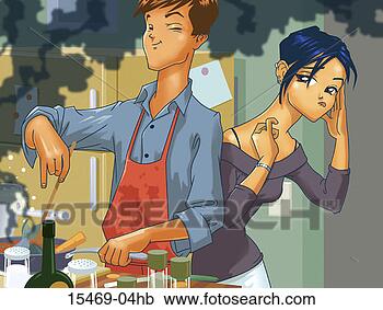 Stock Illustration - man burning food 
at stove, woman 
standing behind 
him. fotosearch 
- search clipart, 
illustration, 
drawings and vector 
eps graphics images