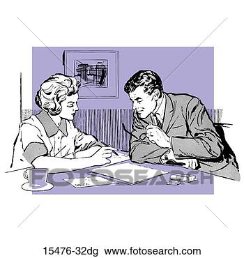 Clip Art - couple sitting 
at table looking 
at paperwork. 
fotosearch - search 
clipart, illustration, 
drawings and vector 
eps graphics images