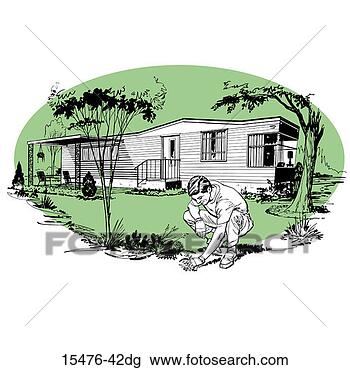 Clip Art - man pulling weeds 
outside mobile 
home. fotosearch 
- search clipart, 
illustration, 
drawings and vector 
eps graphics images