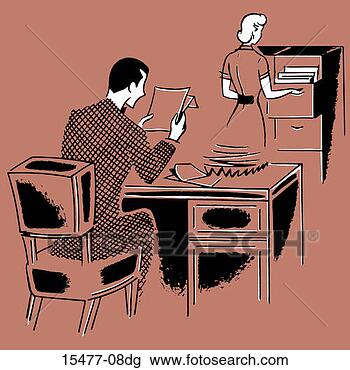 Clip Art - businessman at 
desk, secretary 
at filing cabinet. 
fotosearch - search 
clipart, illustration, 
drawings and vector 
eps graphics images