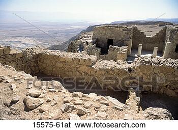 Stock Photo - view of ruins 
of ancient fortress 
with dead sea 
and judean desert. 
fotosearch - search 
stock photos, 
pictures, images, 
and photo clipart