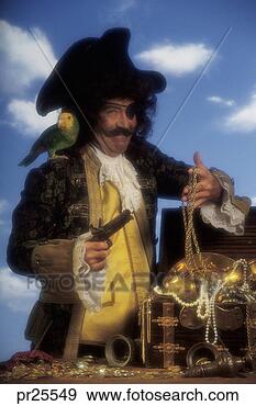 Stock Photograph - character portrait 
of pirate with 
parrot and treasure. 
fotosearch - search 
stock photos, 
pictures, images, 
and photo clipart