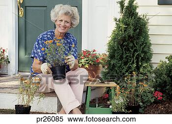 Stock Image - older woman planting 
flowers outside. 
fotosearch - search 
stock photos, 
pictures, images, 
and photo clipart