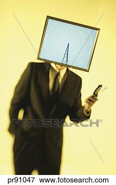 Picture - businessman's 
head replaced 
by computer monitor 
showing cell phone. 
fotosearch - search 
stock photos, 
pictures, images, 
and photo clipart