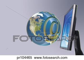 Stock Image - globe with @ symbol 
in front of computer 
monitor. fotosearch 
- search stock 
photos, pictures, 
images, and photo 
clipart