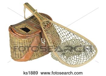 Stock Photograph - antique wicker 
fishing basket 
and net. fotosearch 
- search stock 
photos, pictures, 
images, and photo 
clipart