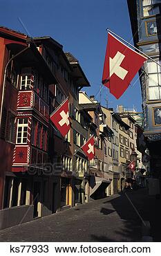 Stock Photo - swiss flags, street 
scene, zurich, 
switzerland. fotosearch 
- search stock 
photos, pictures, 
images, and photo 
clipart