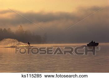 Stock Image - young man waterskiing 
in early morning, 
ottawa river, 
canada. fotosearch 
- search stock 
photos, pictures, 
images, and photo 
clipart