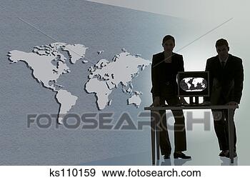 Stock Photograph - silhouette of 
business team 
with map in background 
and on monitor. 
fotosearch - search 
stock photos, 
pictures, images, 
and photo clipart