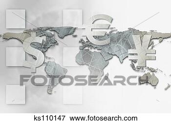 Picture - world map with 
symbols of dollar, 
euro and yen. 
fotosearch - search 
stock photos, 
pictures, images, 
and photo clipart