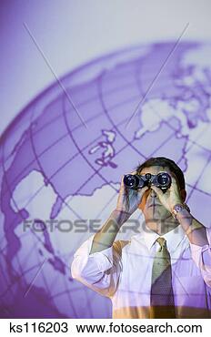 Stock Photo - businessman looking 
through binoculars, 
globe in the background. 
fotosearch - search 
stock photos, 
pictures, images, 
and photo clipart