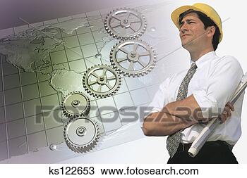 Stock Photo - architect holding 
blueprints, map 
and gears in background. 
fotosearch - search 
stock photos, 
pictures, images, 
and photo clipart