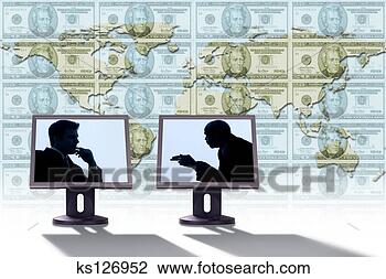 Stock Photo - businessmen on 
lcd monitors with 
world map made 
of money. fotosearch 
- search stock 
photos, pictures, 
images, and photo 
clipart