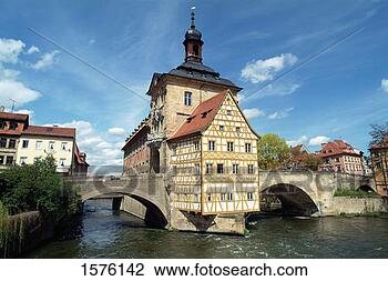 Stock Photo - old city hall 
for bamberg, on 
the river regnitz, 
bavaria, germany. 
fotosearch - search 
stock photos, 
pictures, images, 
and photo clipart