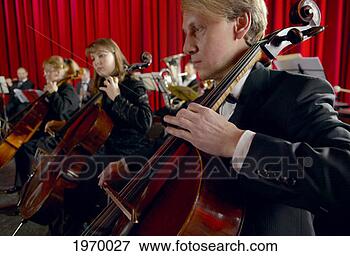Picture - male and female 
cellists performing 
in an orchestra. 
fotosearch - search 
stock photos, 
pictures, images, 
and photo clipart