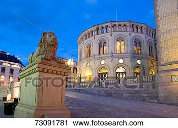 Stock Photography - norway, oslo, 
lion statue in 
street by parliament 
buildings. fotosearch 
- search stock 
photos, pictures, 
images, and photo 
clipart