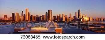 Stock Image - 'panoramic view 
of navy pier and 
chicago skyline 
at sunrise. fotosearch 
- search stock 
photos, pictures, 
images, and photo 
clipart