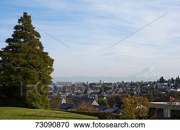 Stock Photography - usa, washington, 
tacoma, neighbourhood 
with mount rainier 
in distance. fotosearch 
- search stock 
photos, pictures, 
images, and photo 
clipart