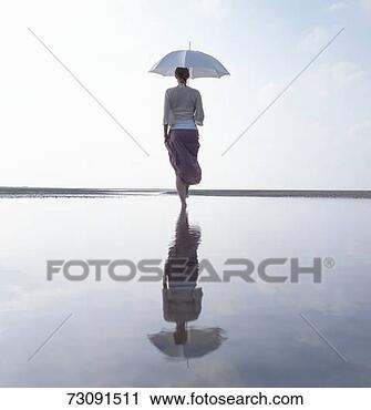 Stock Photography - woman walking 
with umbrella 
on beach, rear 
view, low angle 
view. fotosearch 
- search stock 
photos, pictures, 
images, and photo 
clipart