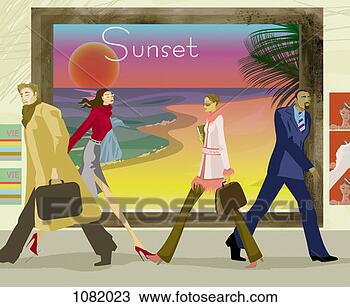 Drawing - four people walking 
in front of an 
advertisement 
for holidays on 
the. fotosearch 
- search clipart, 
illustration, 
drawings and vector 
eps graphics images