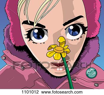 Clip Art - portrait of a 
woman in an anorak 
being given a 
flower. fotosearch 
- search clipart, 
illustration, 
drawings and vector 
eps graphics images