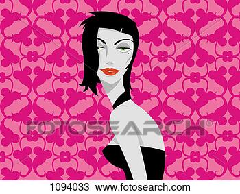 Drawing - portrait of a 
young woman with 
black hair. fotosearch 
- search clipart, 
illustration, 
drawings and vector 
eps graphics images